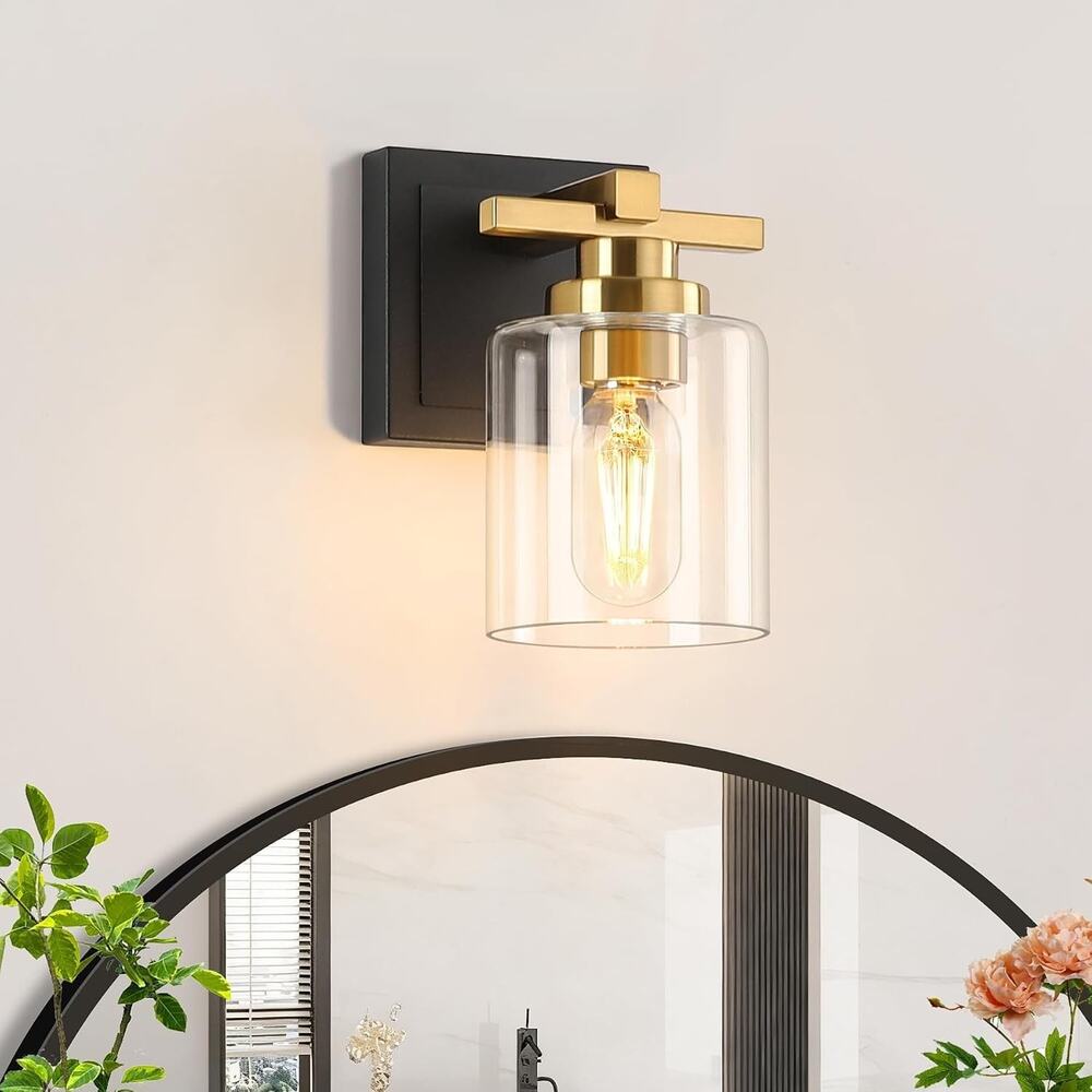 Black & Gold Bathroom Wall Sconce with Clear Glass Shade